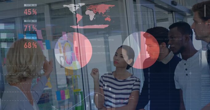 Animation of data processing over diverse business people talking