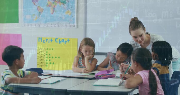 Animation of data processing over diverse schoolchildren and teacher using tablet