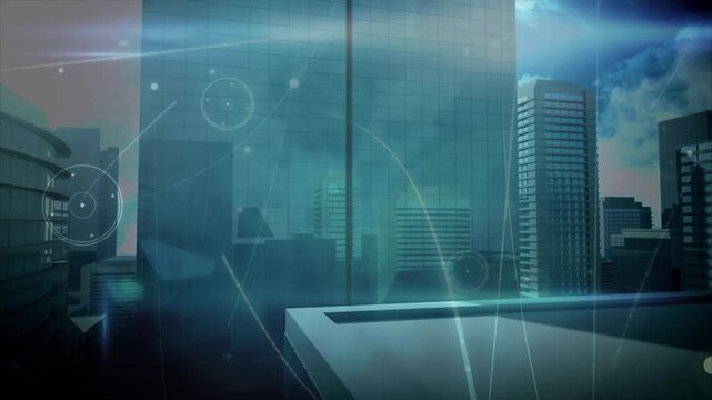 Animation of network of connections over office buildings
