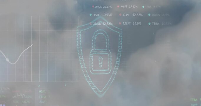 Security padlock icon and stock market data processing against clouds in the sky