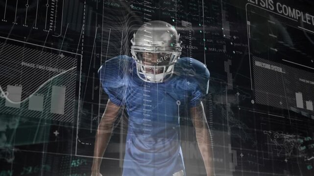 Digital video merges animation of football player and data processing in sports concept.