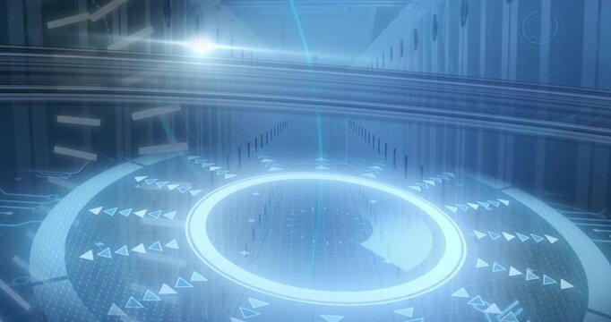 Animation of 5g text, round scanners and data processing against computer server room
