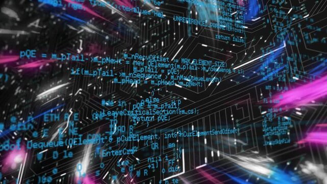 Animation of lights and data processing on black background
