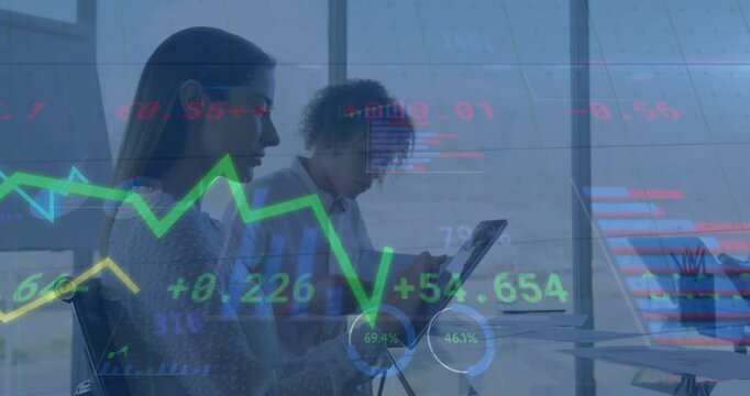 Animation of infographic interface over multiracial coworkers working over digital tablet at office