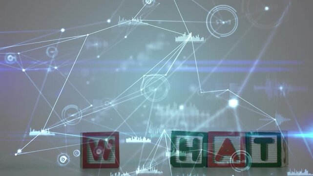 Animation of connected dots, graphs icons and lens flare over what text in wooden cubes