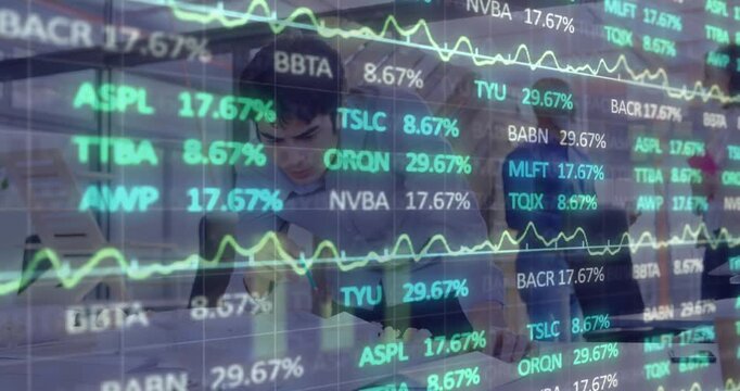 Animation of graphs and trading board over asian architect looking at 3d model at office