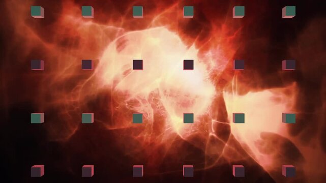 Animation of cubes over waves and flames on black background