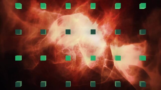 Animation of cubes over waves and flames on black background