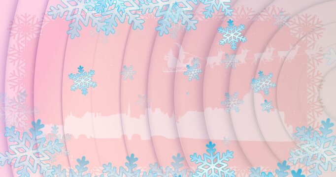 Animation of snowflakes over cityscape and santa claus in sleigh on pink background