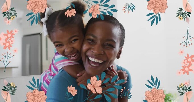 Animation of happy african american mother with daughter and flowers icons