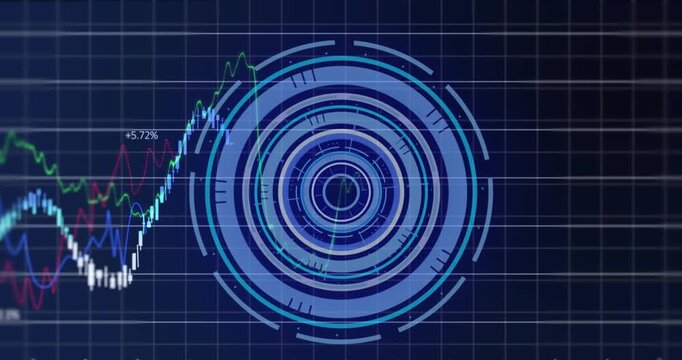 Animation of financial data processing over round scanner against blue background