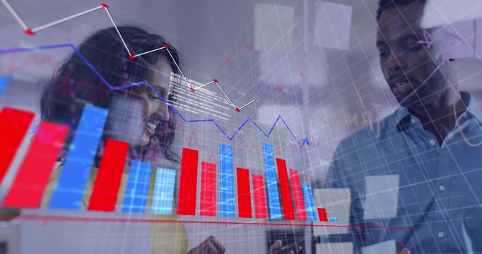 Animation of graphs and computer language, diverse coworkers sharing ideas in office