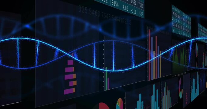 Animation of dna strand, data processing on black background