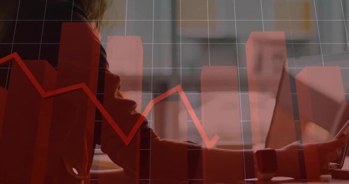 Animation of red line financial data processing over caucasian businesswoman in office