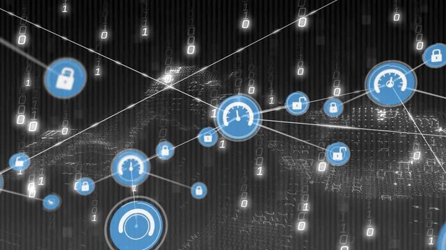 Animation of network of connections with icons over binary coding data processing