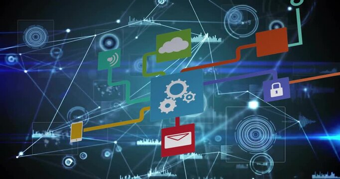 Animation of cloud, cogs and icons over network of connections on dark background