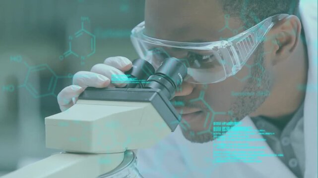 Animation of data processing and chemical formula over diverse scientists using microscope in lab