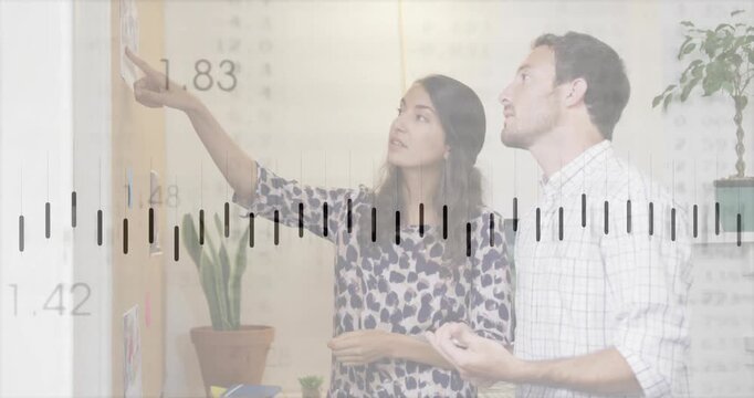 Discussing ideas in school, two people animated with transparent ruler scale