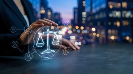 Fototapeta premium Professional businessman protecting digital justice scales icon with hand gesture in modern city environment for legal technology and law firm services.