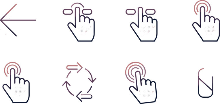 Touch screen gestures and navigation line icon set with gradient accents for mobile app interface design