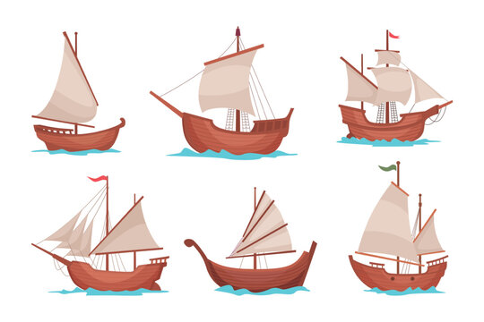 Wooden ships. Ancient old style wooden marine boats pirate ship and frigate exact vector ocean water transport