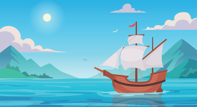 Wooden ship. Ocean landscape background with pirate battleship exact vector template