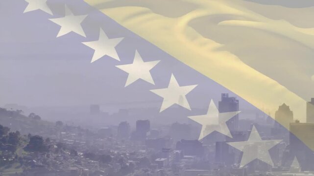 Bosnia and Herzegovina flag animation overlaying cityscape with urban skyscrapers