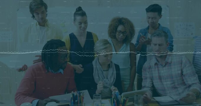 Business team collaborating around conference table, with animated charts and sticky note icons