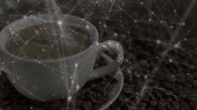 White ceramic cup resting on coffee beans, featuring translucent digital network nodes and lines