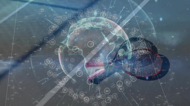 Pair of tennis rackets crossing behind green ball, digital globe rotating with floating data icons