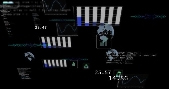 Dashboard initializing loading neon icons, scrolling code and animating charts visualizing data