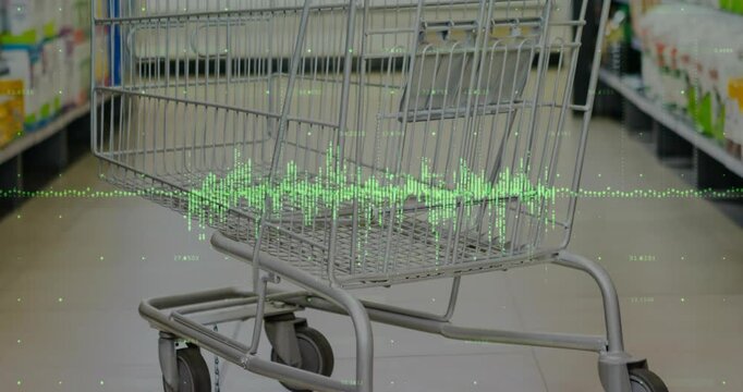 Green waveform appearing across metal cart, rising into spikes and dripping particles for data view