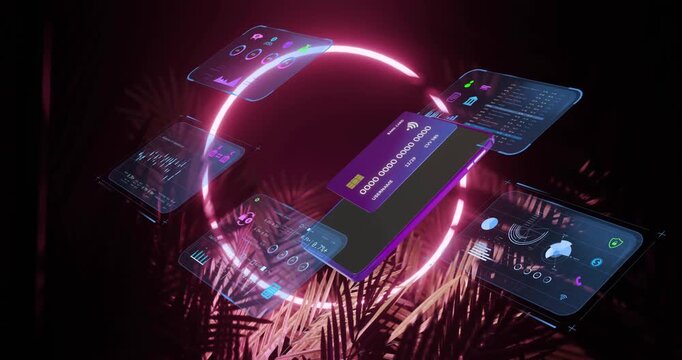 Smartphone device appearing, glowing ring forming and panels orbiting to showcase digital payment