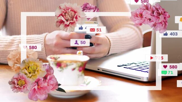 Man tapping phone at table, causing badges growing then thinning to highlight social stats on phone