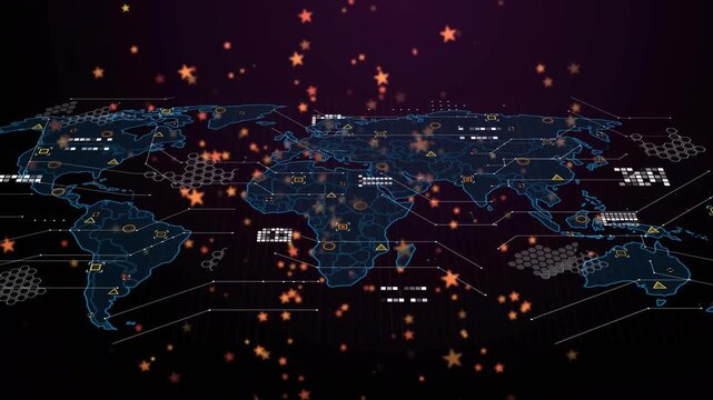 Neon-blue wireframe world map appearing left expanding tilting revealing overlays visualizing data