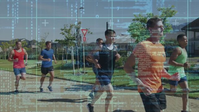 Lead runner in orange shirt leading pack fitness training, code overlay leaving runners visible