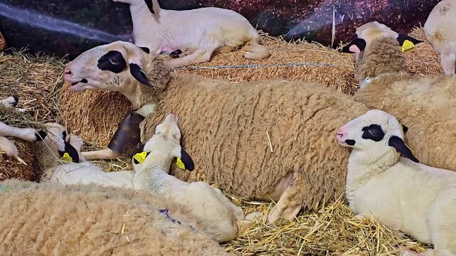 Static shot of sheep and lambs resting closely together on straw with ear tags visible in a livestock fair setting