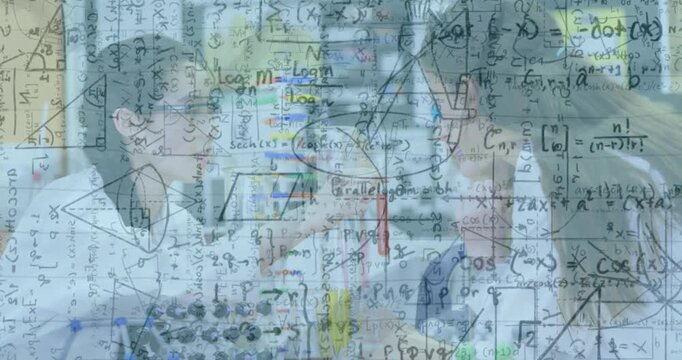Animation of mathematical equations over caucasian schoolgirls with models in lab