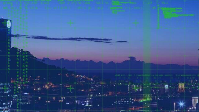 Animation of data processing over cityscape at sunset