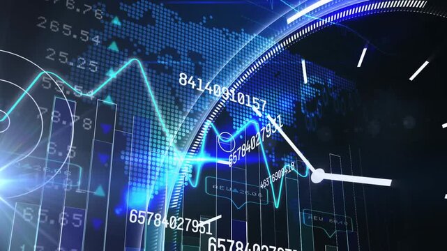Animation of financial data processing over clock and world map