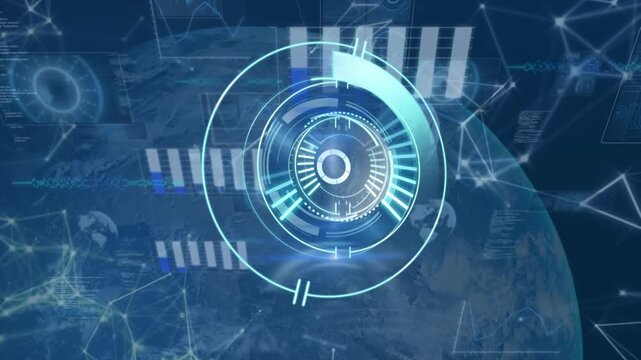 Animation of processing circle over data and globe on navy background