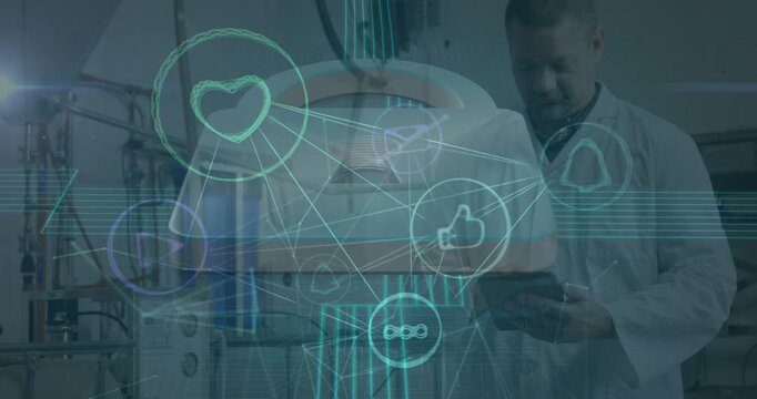 Animation of network of connections over african american doctor using smartphone