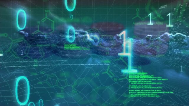 Animation of data processing and binary coding over casino chips