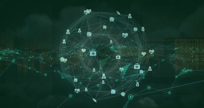 Animation of digital heart shape and computer icons interconnecting with lines and forming globe
