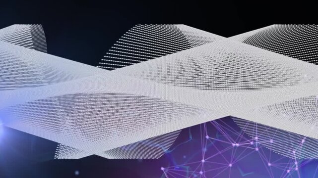 Animation of 3d wireframe pattern rotating with network connecting dots on digital interface