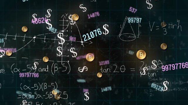 Animation of math formulas and numbers on black background