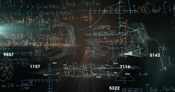 Animation of mathematical equations and numbers changing over blackboard