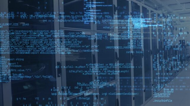 Animation of data processing against empty computer server room