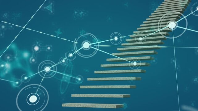 Animation of network of connections over molecular structures and stairs icon on blue background