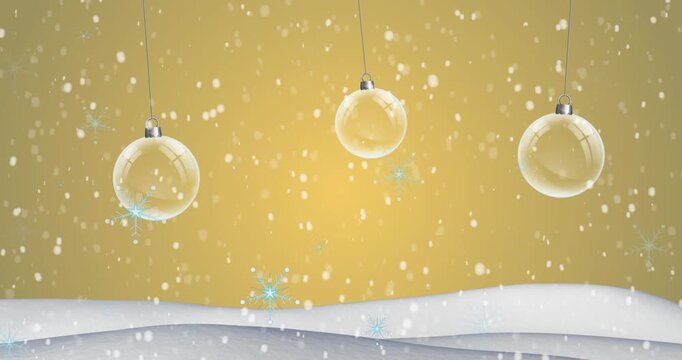 Animation of christmas bubbles and snow falling on yellow background